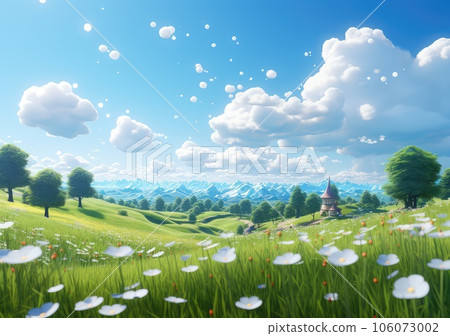 field of spring grassland flowers and perfect blue sky. AI Generative. field of spring grassland flowers and perfect blue sky. AI Generative. 106073002