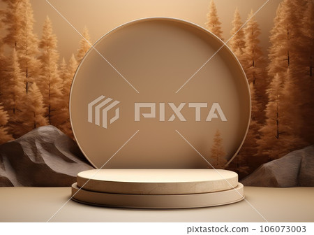 Round wooden saw cut cylinder shape on beige background abstract background. product podium with architecture columns on warm tone. AI Generative Round wooden saw cut cylinder shape on beige background abstract background. product podium with architecture columns on warm tone. AI Generative 106073003