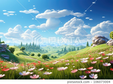 field of spring grassland flowers and perfect blue sky. AI Generative. field of spring grassland flowers and perfect blue sky. AI Generative. 106073004