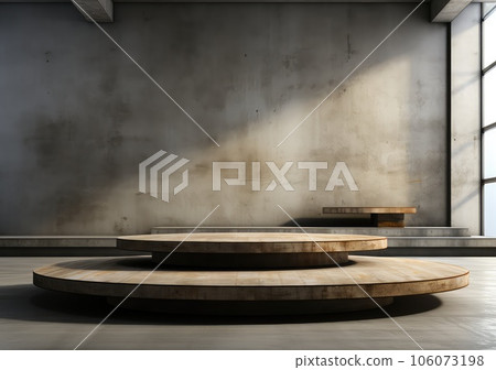 Abstract design of modern podium with empty concret. round concrete podium floor. Pedestal for display,Platform for design,Blank product,concrete room. AI Generative. 106073198