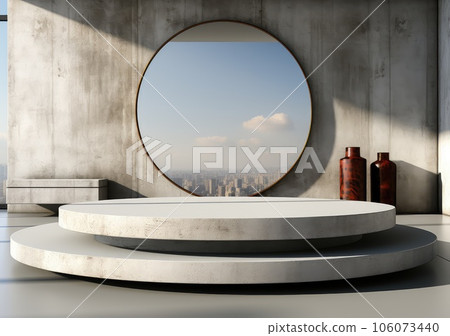 Abstract design of modern podium with empty concret. round concrete podium floor. Pedestal for display,Platform for design,Blank product,concrete room. AI Generative. 106073440