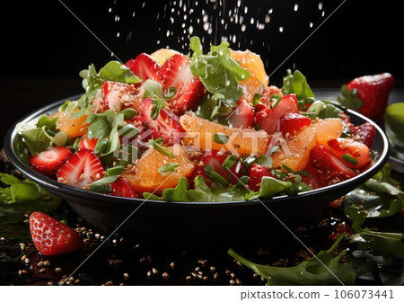 Fresh Mix fruits and salad with water splash float on dish with dark studio background. AI Generative 106073441