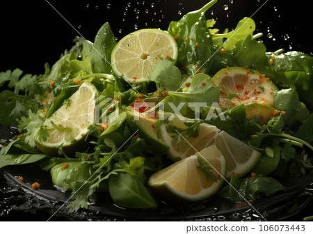 Fresh Mix fruits and salad with water splash float on dish with dark studio background. AI Generative 106073443