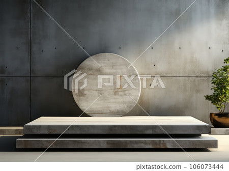 Abstract design of modern podium with empty concret. round concrete podium floor. Pedestal for display,Platform for design,Blank product,concrete room. AI Generative. 106073444