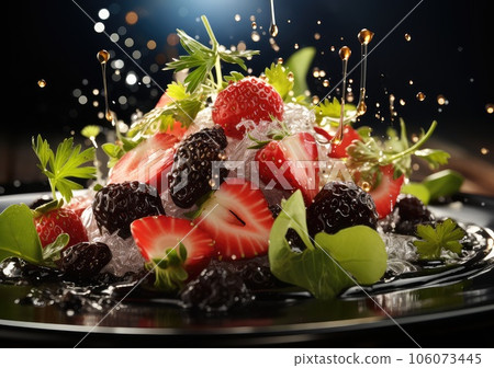 Fresh Mix fruits and salad with water splash float on dish with dark studio background. AI Generative 106073445