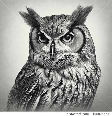 Owl, engraving style, closeup portrait, black and white drawing, bird of prey 106073544