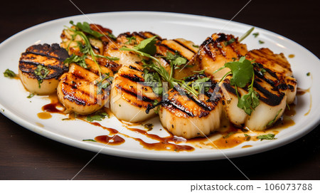 Grilled scallops with sauce 106073788