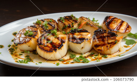 Grilled scallops with sauce 106073790
