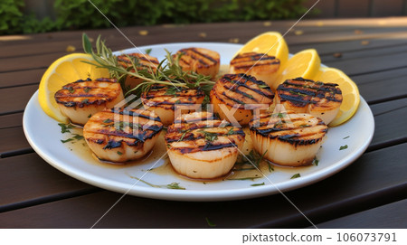 Grilled scallops with sauce 106073791