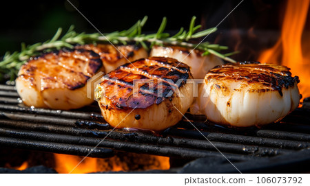 Grilled scallops with sauce 106073792