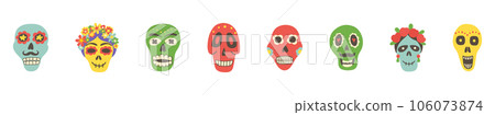 Day of the Dead background. Skull hand drawn set. Catrina icon. Mexico death party. Sugar skulls. Dia de los Muertos banner. Mexican culture poster. Calavera Halloween design. Vector illustration 106073874