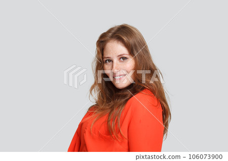 Portrait of beautiful woman smiling on white background 106073900