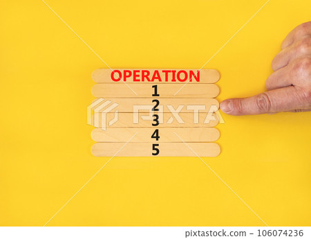 Time to operation 2 symbol. Concept word Operation 1 2 3 4 5 on wooden sticks. Businessman hand. Beautiful yellow table yellow background. Business planning and time to operation 2 concept. Copy space 106074236