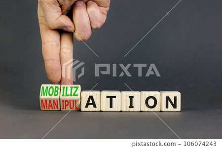 Mobilization or manipulation symbol. Concept words Mobilization Manipulation on wooden cubes. Beautiful grey background. Psychologist hand. Psychology mobilization manipulation concept. Copy space. 106074243