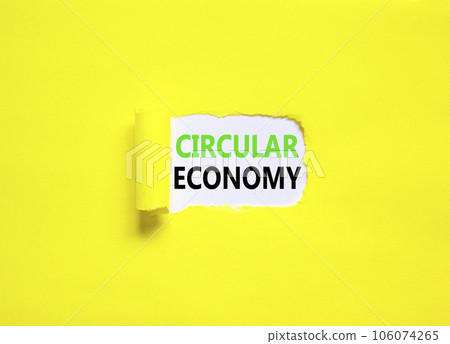 Circular economy symbol. Concept words Circular economy on beautiful white paper. Beautiful yellow background. Business circular economy concept. Copy space. 106074265