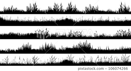 Meadow silhouettes with grass, plants on plain. Panoramic summer lawn landscape with herbs, various weeds. Herbal border, frame element. Black horizontal banners. Vector illustration 106074266
