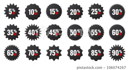 Price tags collection, special offer or shopping discount label with percent, discount percentage value. Black retail paper sticker. Promotional sale badge. Vector illustration Price tags collection, special offer or shopping discount label with percent, discount percentage value. Black retail paper sticker. Promotional sale badge. Vector illustration 106074267