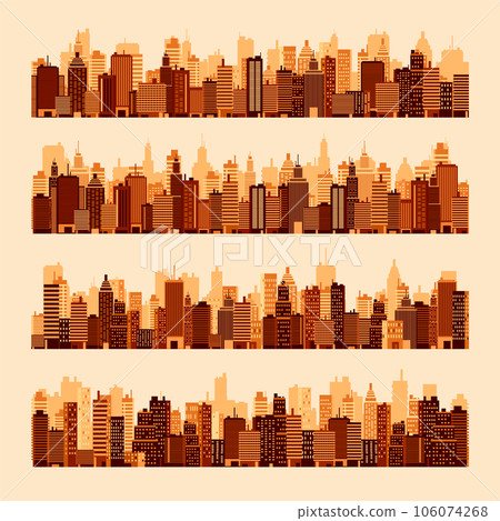 City silhouettes. Cityscape, town skyline, horizontal panorama. Midtown, downtown with various buildings, houses and skyscrapers. Vector illustration 106074268