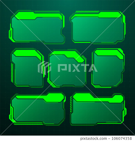 Green futuristic HUD, UI elements. Sci-fi user interface text boxes, callouts. Warning message frames, information boxes template. Modern game interface layout in digital style. Vector illustration 106074358
