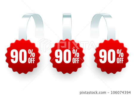 Supermarket promotional wobblers. Realistic red wobbler template for shelf advertising, 90 percent off discount. Sale label with ad text. Special offer price tag. Vector illustration 106074394