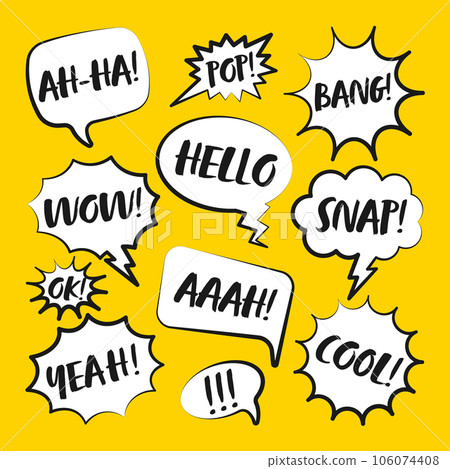 Comic speech bubbles with handwritten text. Outline, hand drawn retro cartoon stickers on yellow background. Chatting and communication, dialog elements. Pop art style. Vector illustration 106074408