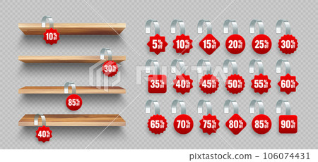 Store shelves with supermarket promotional wobblers. Wooden product shelf and advertising wobbler with percent discount. Grocery wall rack. Sale label, special offer price tag. Vector illustration 106074431