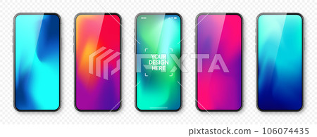 Smartphone with touch screen and abstract colorful background, wallpaper. Frameless mobile phone in front view. High quality detailed device mockup. Vector illustration 106074435