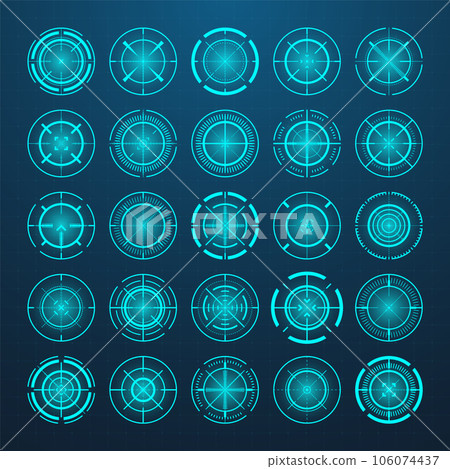 Crosshair, gun sight vector icons. Bullseye, black target or aim symbol. Military rifle scope, shooting mark sign. Targeting, aiming for a shot. Archery, hunting and sports shooting. Game UI element. 106074437