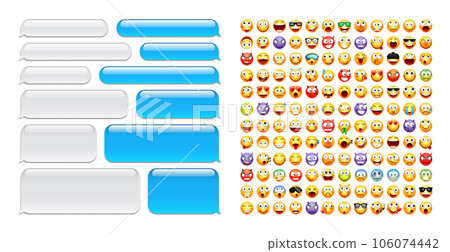 Blank message bubbles with emoji. Blue chat or messenger speech bubble. SMS text frame. Short message sending. Conversation screen. Social media application. Vector illustration 106074442