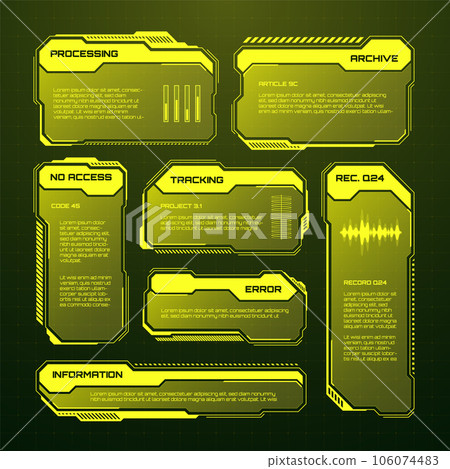 Yellow futuristic HUD, UI elements. Sci-fi user interface text boxes, callouts. Warning message frames, information boxes template. Modern game interface layout in digital style. Vector illustration 106074483