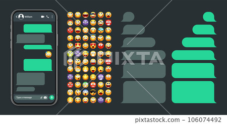 Smartphone messaging app, user interface with emoji. SMS text frame. Chat screen, green message bubbles. Texting app for communication. Social media application. Dark mode. Vector illustration 106074492