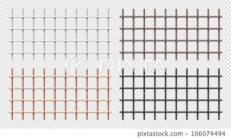 Various shiny metal prison bars collection. Realistic detailed jail cage, prison iron fence. Criminal background mockup. Vector illustration 106074494