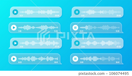 Voice, audio message, transparent speech bubbles. SMS text frame. Social media chat or messaging app conversation. Voice assistant, recorder. Sound wave pattern. Vector illustration 106074495