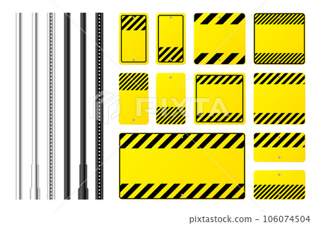 Warning, danger signs, attention banners with metal poles. Blank yellow caution sign, construction site signage. Notice signboard, warning banner, road shield. Vector illustration Warning, danger signs, attention banners with metal poles. Blank yellow caution sign, construction site signage. Notice signboard, warning banner, road shield. Vector illustration 106074504