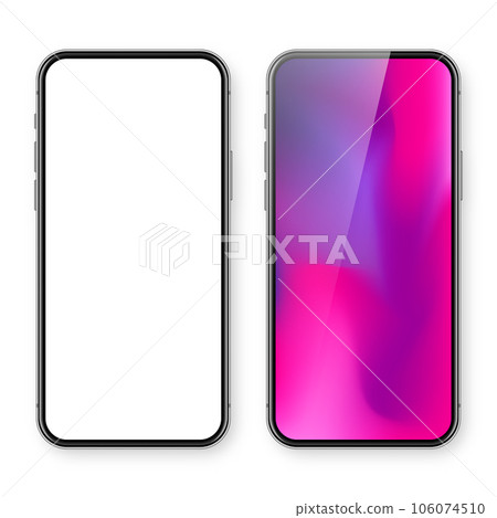 Smartphone with blank touch screen and abstract colorful background, wallpaper. Frameless mobile phone in front view. High quality detailed device mockup. Vector illustration Smartphone with blank touch screen and abstract colorful background, wallpaper. Frameless mobile phone in front view. High quality detailed device mockup. Vector illustration 106074510