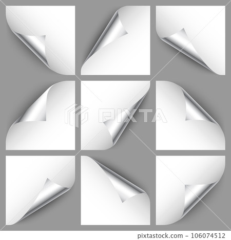 Set of silver paper curls. Curled page corner with shadow. Blank sheet of paper. Colorful shiny foil. Design element for advertising and promotion. Vector illustration. Set of silver paper curls. Curled page corner with shadow. Blank sheet of paper. Colorful shiny foil. Design element for advertising and promotion. Vector illustration. 106074512