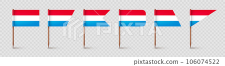 Luxembourgish toothpick flags. Souvenir from Luxembourg. Wooden toothpicks with paper flag. Location mark, map pointer. Blank mockup for advertising and promotions. Vector illustration Luxembourgish toothpick flags. Souvenir from Luxembourg. Wooden toothpicks with paper flag. Location mark, map pointer. Blank mockup for advertising and promotions. Vector illustration 106074522