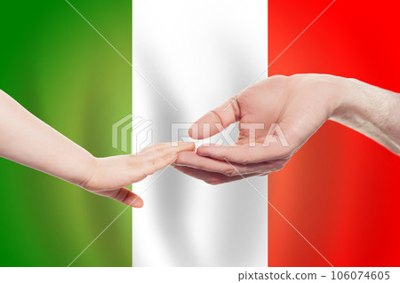 Italian baby and parent hands on the background of flag of Italy Help, aid, support, charity concept 106074605