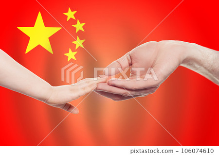 Chinese baby and parent hands on the background of flag of China Help, aid, support, charity concept Chinese baby and parent hands on the background of flag of China Help, aid, support, charity concept 106074610