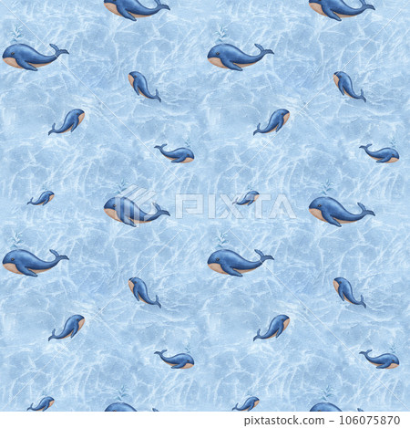 Seamless pattern with swimming whales on blue. Sperm whale breathe producing water splashes. Background with soft watercolor stains. For textile, print, wrapping. Cartoon style. Seamless pattern with swimming whales on blue. Sperm whale breathe producing water splashes. Background with soft watercolor stains. For textile, print, wrapping. Cartoon style. 106075870