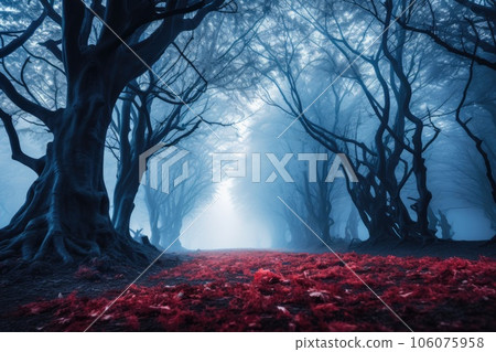 Fantasy dark forest with fog and red leaves. Halloween concept. 106075958