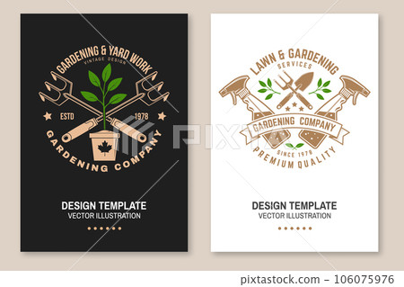 Set of gardening and yard work services poster, banner. Vector illustration. Poster design with hand garden trowel, farming fork, sprayer, flower in pot, gardening equipment silhouette. Set of gardening and yard work services poster, banner. Vector illustration. Poster design with hand garden trowel, farming fork, sprayer, flower in pot, gardening equipment silhouette. 106075976