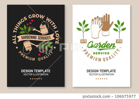 Set of gardening and yard work services poster, banner. Vector illustration. Poster design with hand garden trowel, farming fork, garden pruner, watering can, garden gloves gardening equipment 106075977