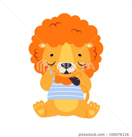 Cute Lion Character with Mane in Striped Shirt Crying Vector Illustration Cute Lion Character with Mane in Striped Shirt Crying Vector Illustration 106076126