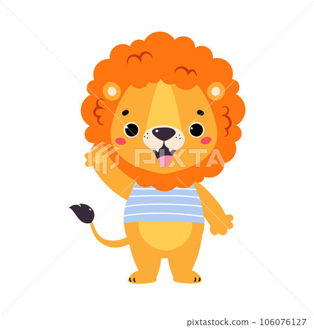 Cute Lion Character with Mane in Striped Shirt Greeting Waving Paw Vector Illustration 106076127