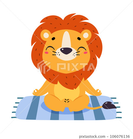 Cute Lion Character with Mane Sit on Mat and Meditate Vector Illustration 106076136