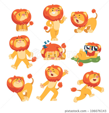 Cute Lion Character with Mane Engaged in Different Activity Vector Set 106076143