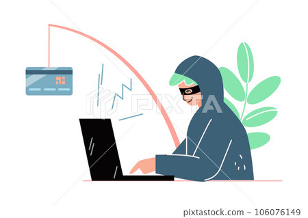 Liar and Internet Fraud with Man Thief at Laptop Phishing Steal Money from Card Vector Illustration 106076149