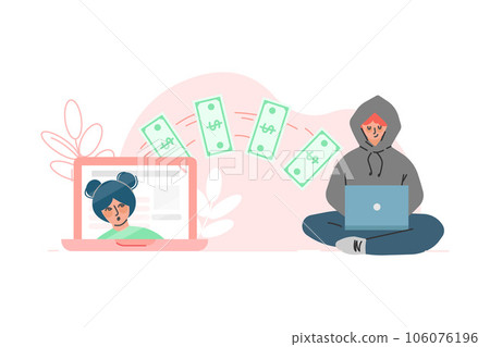 Liar and Internet Fraud with Man Thief at Laptop Steal Money Vector Illustration 106076196