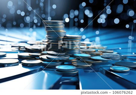 Stack of coins on blue bokeh background, business and finance concept idea. Stack of coins on blue bokeh background, business and finance concept idea. 106076262